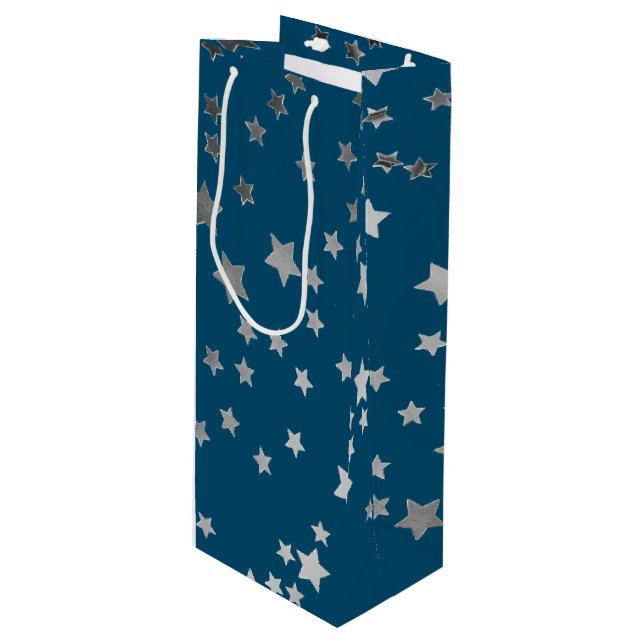 Scattered Stars Pattern on Blue Wine Gift Bag (Front Angled)