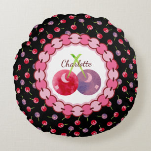 Scattered Watercolor Cherries Personalized Round Pillow