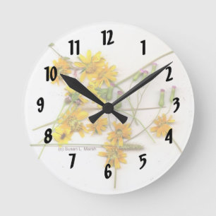 Scattered wildflowers in yellow and white round clock