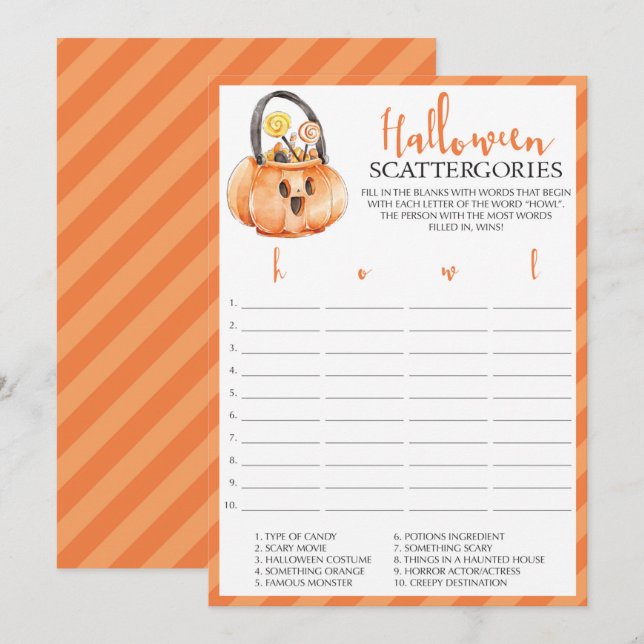 Scattergories Halloween Party Game Cards (Front/Back)