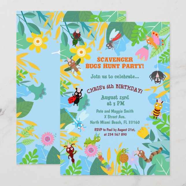 Scavenger bugs hunt birhtday party invitation (Front/Back)