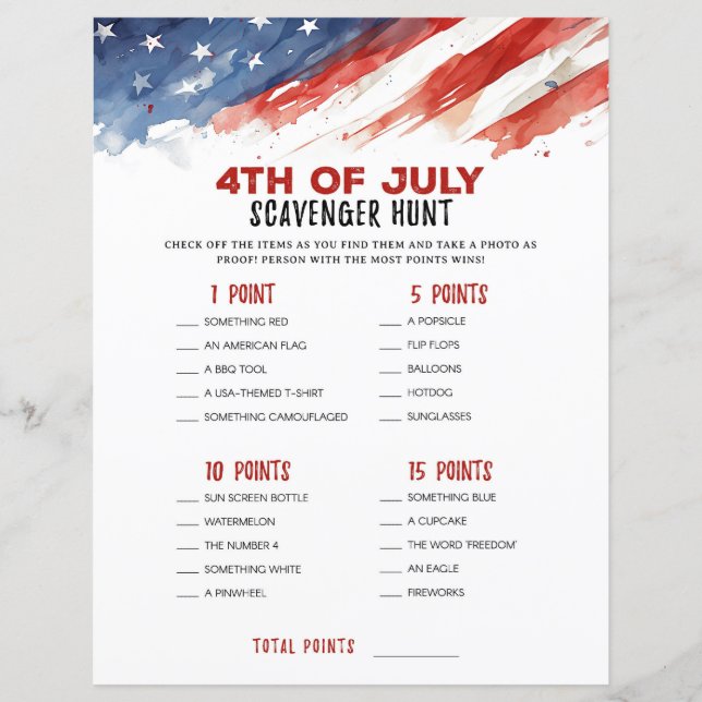 Scavenger Hunt 4th of July Party Game (Front)