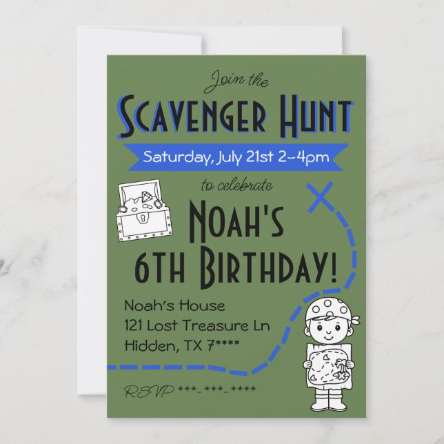 Scavenger Hunt Birthday Party Invitation Blue (Front)