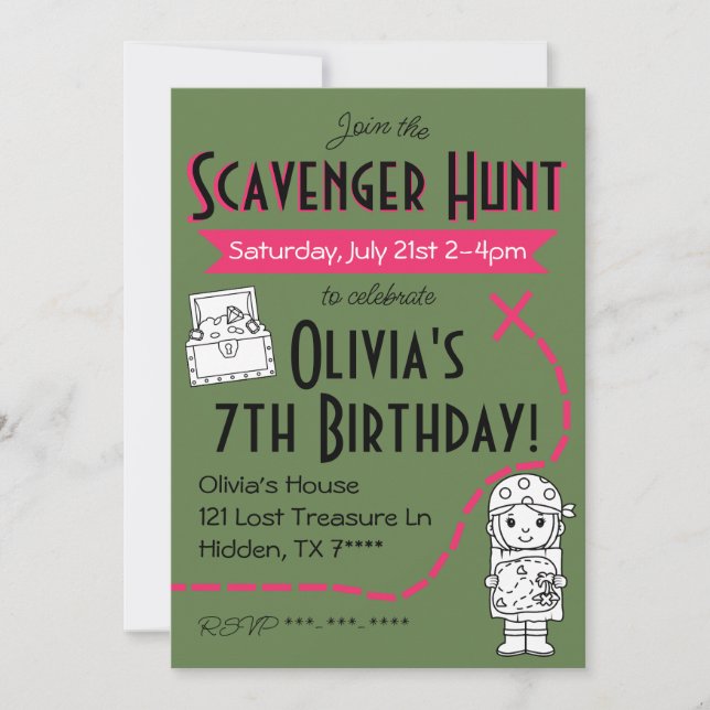 Scavenger Hunt Birthday Party Invitation Green (Front)