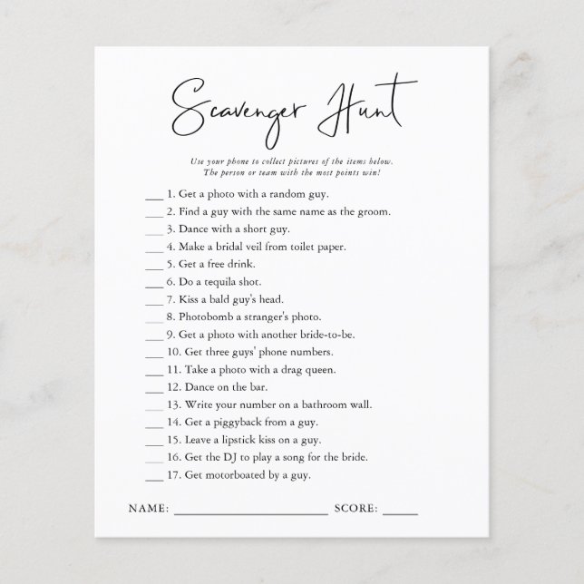 Scavenger Hunt | Bridal Shower Game (Front)