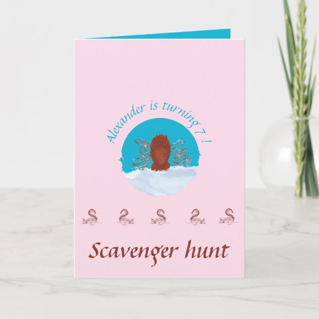 Scavenger hunt fun squirrel digging on pastel pink card (Front)
