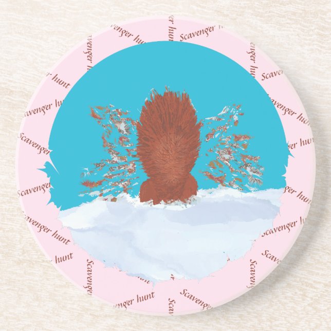 Scavenger hunt fun squirrel digging on pastel pink coaster (Front)