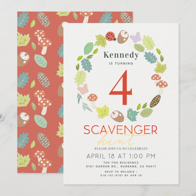 Scavenger Hunt Nature Trail Red Birthday Invitation (Front/Back)