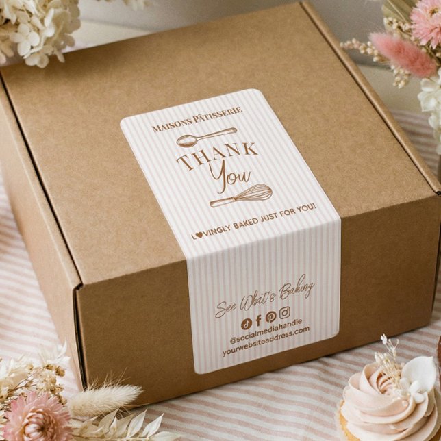 Sceau de boulangerie Merci Cuillère à rayures rose (Chic Pink Stripe Whisk Spoon Thank You Bakery Seal Label)