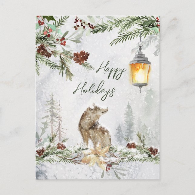 Scène de forêt hivernale, carte de Noël au loup (Devant)