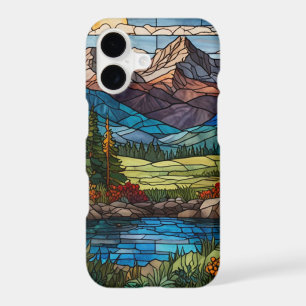 Scène de montagne boisée en verre teinté vintage