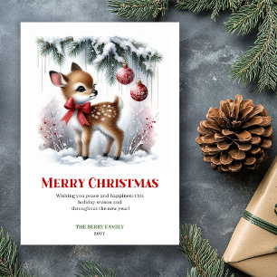 Scène de Noël bébé faon à l'aquarelle Carte de vœu