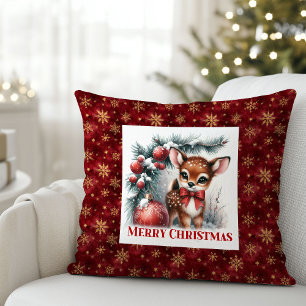 Scène de Noël enneigée bébé faon oreiller de Noël