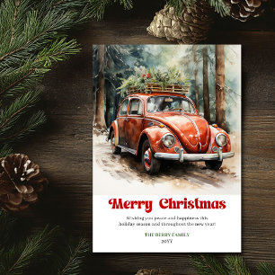 Scène de Noël rustique rétro carte de vœux voiture