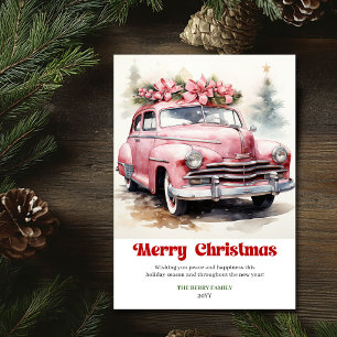 Scène de Noël rustique rétro voiture rose carte de