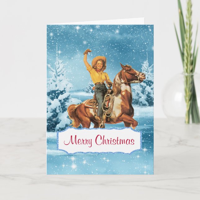Scène d'hiver avec cowgirl et carte de Noël de che (Devant)