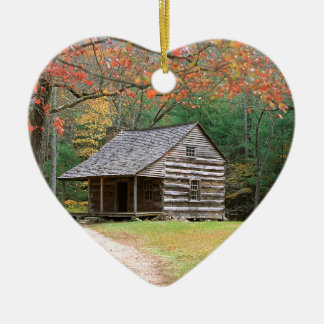 Scene Historic Log Cabin In Smoky Ceramic Ornament