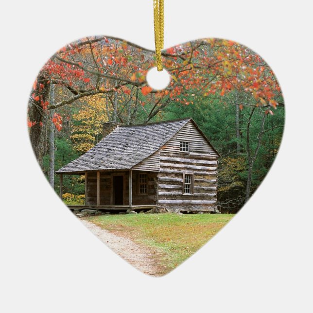 Scene Historic Log Cabin In Smoky Ceramic Ornament (Front)