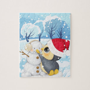 Scène hivernale avec puzzle enfant pingouin et bon