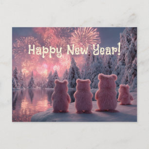 Scene of a Pink Bear Family watching Fireworks Holiday Postcard