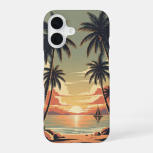 Scène Tropicale Vintage au Coucher du Soleil iPhone 16 Case
