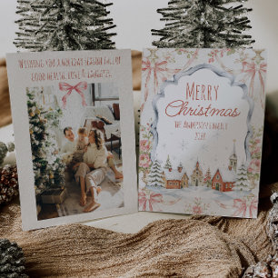 Scenery Winter Snow Blue Trees Bow Frame Christmas Holiday Card