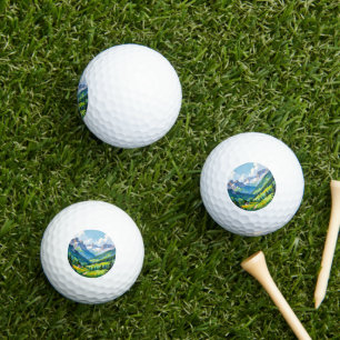 Scenic Alpine Landscape – Lush Valley and Snow Golf Balls