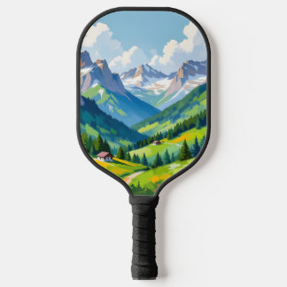 Scenic Alpine Landscape – Lush Valley and Snow Pickleball Paddle