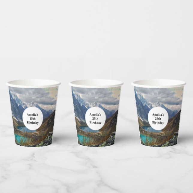 Scenic Alpine Mountains Photo Birthday Paper Cups (Multi)