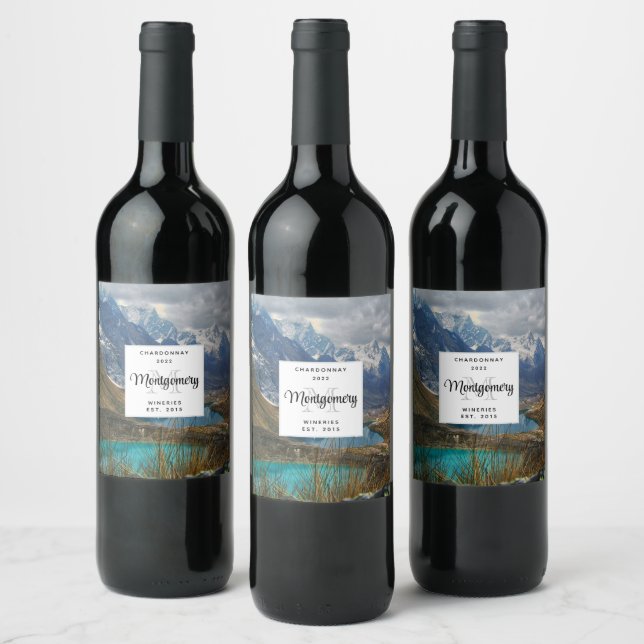 Scenic Alpine Mountains Photo Monogram Wine Making Label (Bottles)