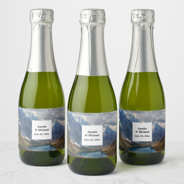 Scenic Alpine Mountains Photo Wedding Sparkling Wine Label (Bottles)