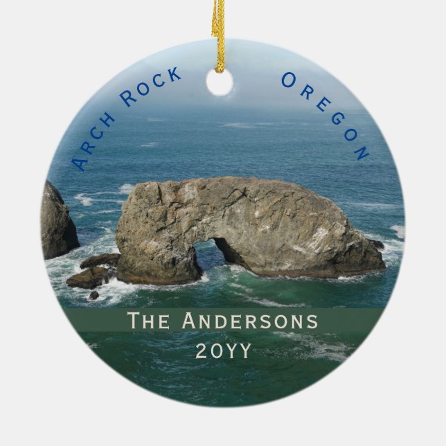 Scenic Arch Rock Family Name Date Oregon Ceramic Ornament (Back)