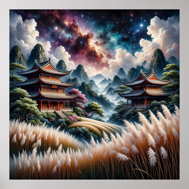 Scenic Asian Temples Against a Starry Sky Poster (Front)