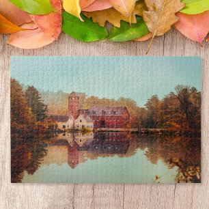 Scenic Autumn Falls: A Lakeside Houses of Jigsaw Puzzle