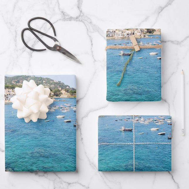 Scenic Blue Ocean Spain Travel Photo Wrapping Paper Sheet (Front)
