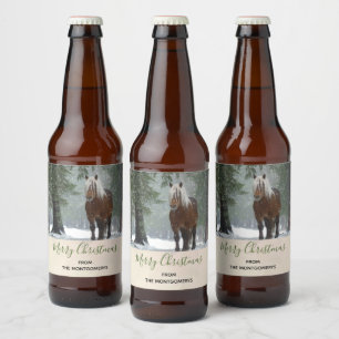 Scenic Brown Horse in a Winter Forest Christmas Beer Bottle Label