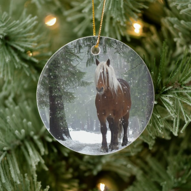 Scenic Brown Horse in a Winter Forest Christmas Ceramic Ornament (Tree)