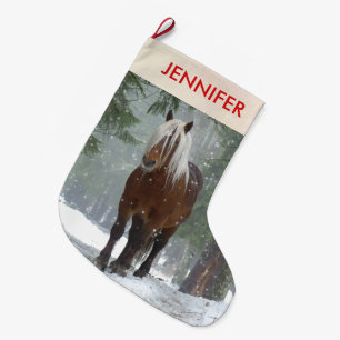 Scenic Brown Horse in a Winter Forest Christmas Large Christmas Stocking
