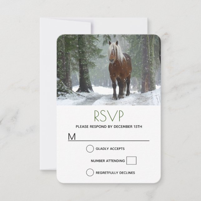 Scenic Brown Horse in a Winter Forest Christmas RSVP Card (Front)