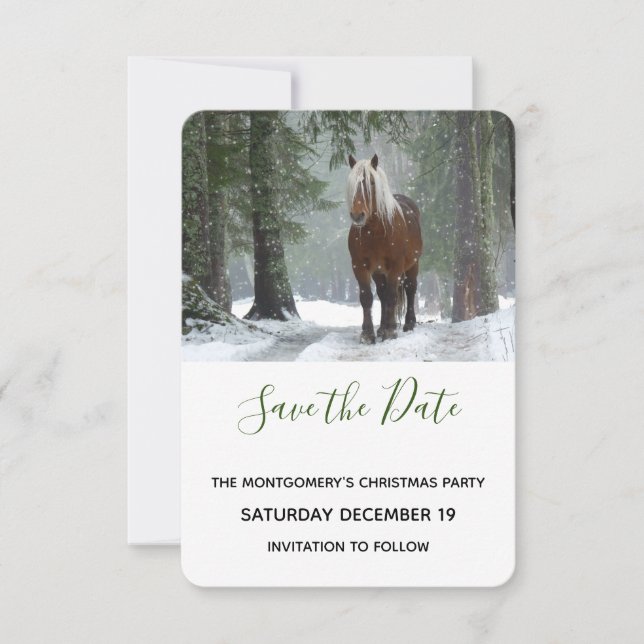 Scenic Brown Horse in a Winter Forest Christmas Save The Date (Front)