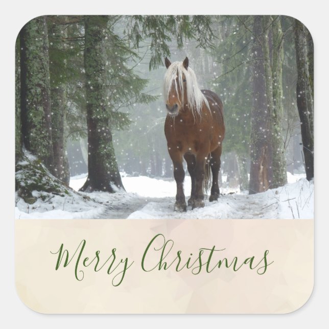 Scenic Brown Horse in a Winter Forest Christmas Square Sticker (Front)
