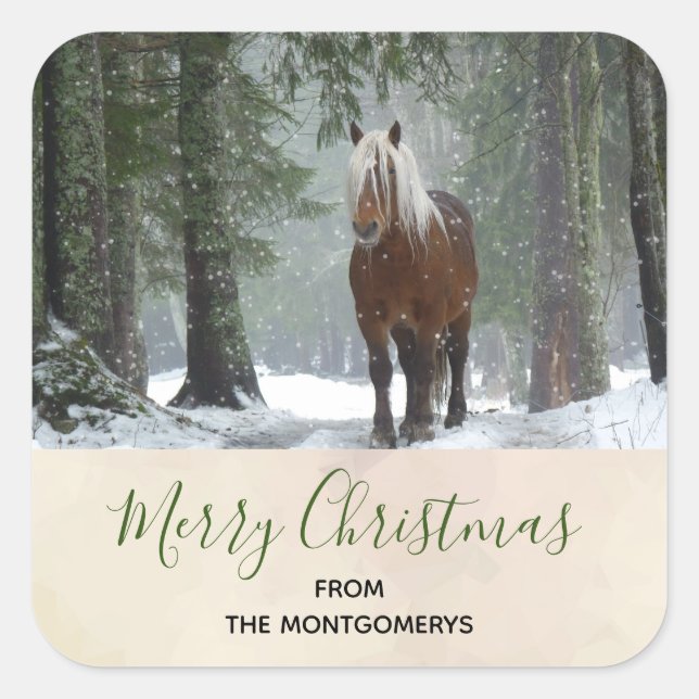 Scenic Brown Horse in a Winter Forest Christmas Square Sticker (Front)