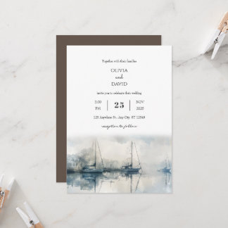 Scenic Coastal Misty Harbour Morning Beach Wedding Invitation