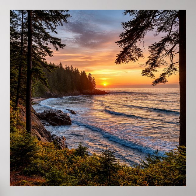 Scenic Coastal Sunset View With Tree-Lined Shores Poster (Front)