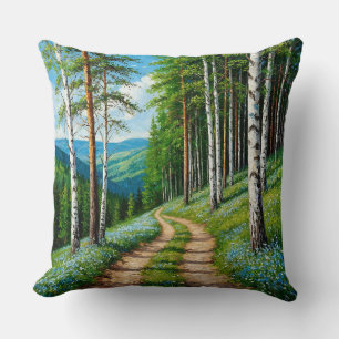 Scenic Forest Path Among Birch Trees Throw Pillow