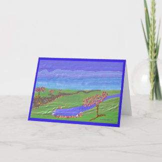 Scenic greeting card of green valley with lake