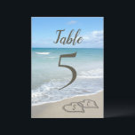 Scenic Hearts in the Sand Beach Table Number<br><div class="desc">5x7 Table Number Card for a Beach Wedding. Scenic hearts in the sand beach image, for visions of relaxation in paradise, celebrate your beach wedding with this lovely design. Two interlocking hearts drawn in the beach sand on the ocean shore, perfect for a destination, island, tropical paradise coastal nautical event....</div>