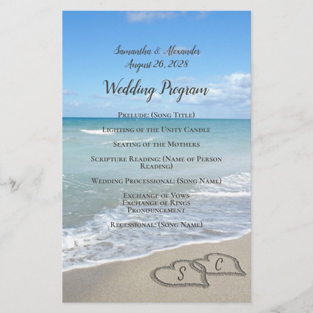 Scenic Hearts in the Sand Beach Wedding Program (Front)