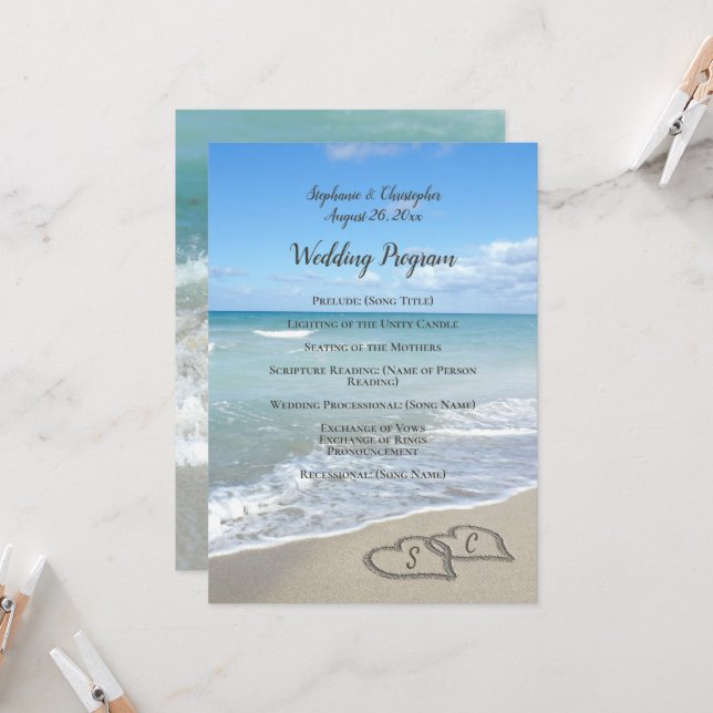 Scenic Hearts in the Sand Beach Wedding Program (Front/Back In Situ)