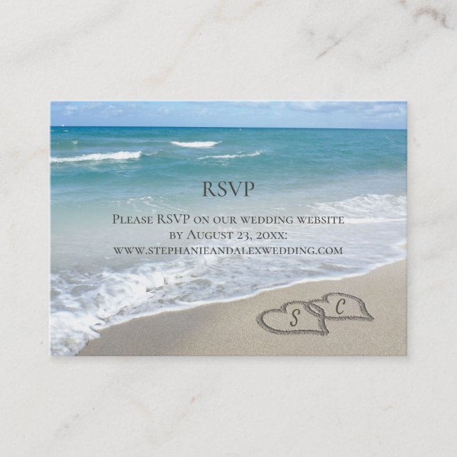 Scenic Hearts in the Sand Beach Wedding RSVP Reply Business Card (Front)